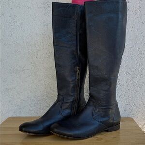 Frye Jillian Pull- On thigh high boots side zip  very low heel  dark blue